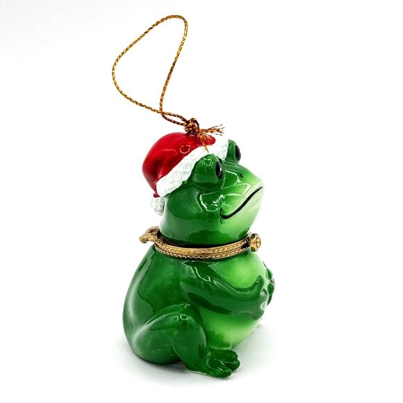 Frog Santa Hat Porcelain Hinged Surprise Gift Trinket Box Christmas Ornament - Picture 4 of 6